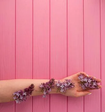 Summer abstract background mockup template woman hand manicure hold blossom.. Stock Photos