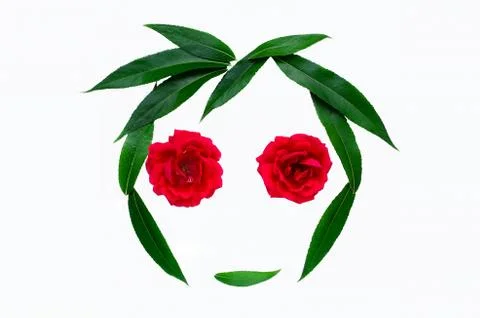Summer abstract composition - silhouette of face from green leaves and roses. Stock Photos