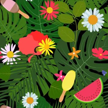 Summer Abstract Seamless Pattern Background with Palm Leaves and Flowers. Vector Stockillustratie