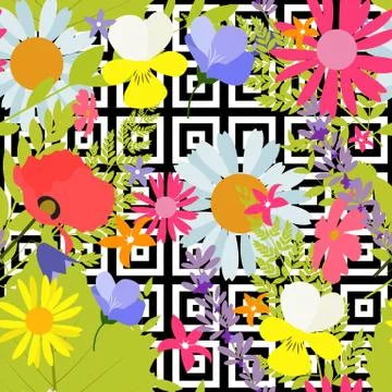 Summer Abstract Seamless Pattern Background with Palm Leaves and Flowers. Vector Stock Illustration