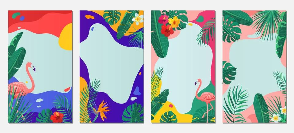 Summer abstract vector background set. Pattern design with tropical plants Stock Illustration