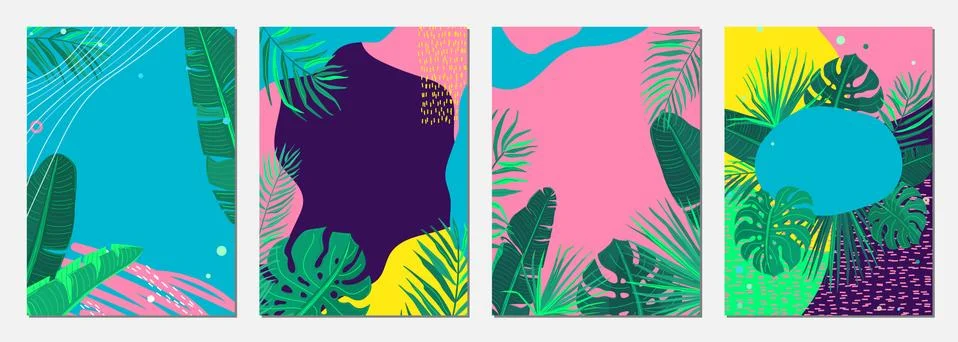 Summer abstract vector background set. Pattern design with tropical plants, wave Illustrazione stock