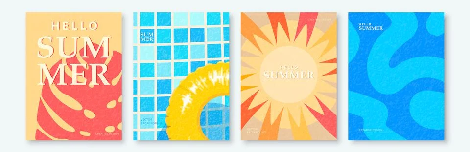Summer abstract vector backgrounds with swimming pool, sun, monstera leaf, wa Stock Illustration