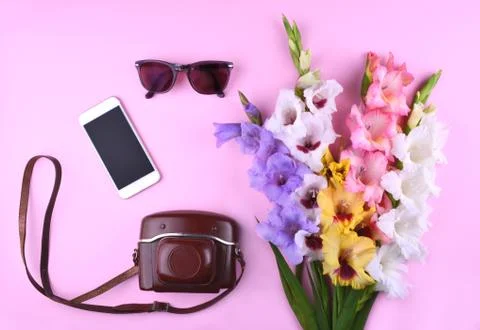 Summer accessories and travel items. Flat lay. Stock Photos