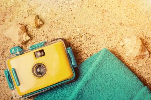 Summer accessories on sand background Stock-Fotos