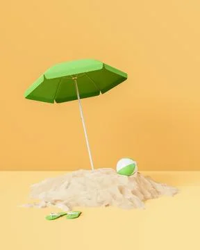 Summer accessories on sandy beach against yellow background Stock Illustration