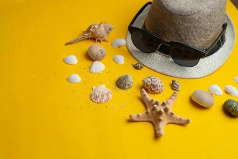 Summer accessories, shells, hat and sun glasses on yellow background. Summer  Stock Photos
