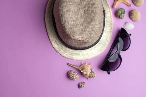 Summer accessories, shells, hat and sun glasses on pink background. Summer va Stock Photos