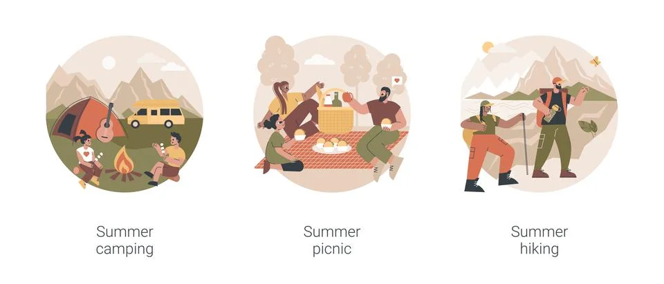 Summer adventure abstract concept vector illustrations. Illustrazione stock