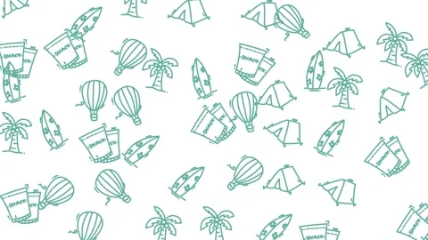 Summer Adventure Pattern - Tents, Surfboards, and Palm Trees. Stock Footage 320164480
