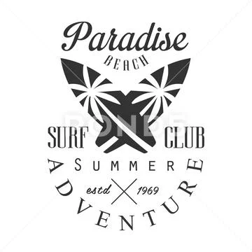 Summer adventure surf club estd 1969, paradise beach logo template, black and Stock Illustration