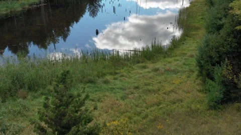 Summer aerial drone view of ceder pond with cloud reflections in water 04 Stock-Footage 98710357