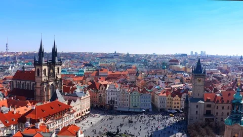 Summer Aerial Flight View In the Middle Of Prague Old Town Square, Church of Our Stock Footage 110804430