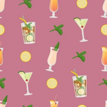 Summer alcoholic drinks seamless pattern, tropical cocktails. Flat vector ill Illustrazione stock