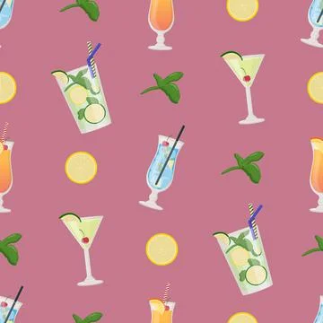 Summer alcoholic drinks seamless pattern, tropical cocktails. Flat vector ill Stock Illustration