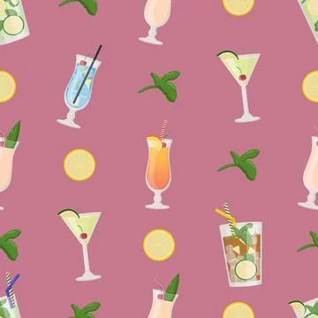Summer alcoholic drinks seamless pattern, tropical cocktails. Flat vector ill Stock Illustration