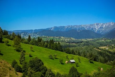 Summer alpine landscape with green fields and valleys, Bran, Transylvania Stock Photos