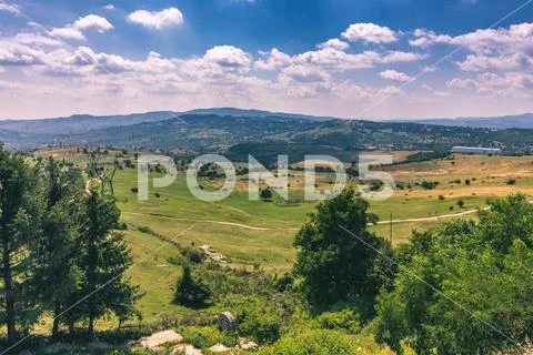 Summer alpine Transylvania landmark, landscape with green fields and valleys, Stock Photos