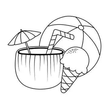 Summer and beach cartoons elements in black and white イラスト素材