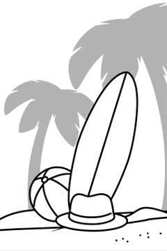 Summer and beach cartoons elements in black and white Stock Illustration