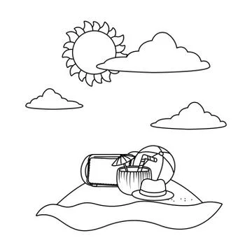 Summer and beach cartoons elements in black and white Stock Illustration