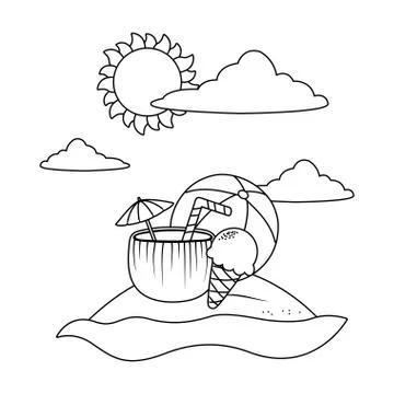 Summer and beach cartoons elements in black and white イラスト素材