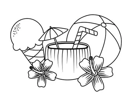 Summer and beach cartoons elements in black and white Stock Illustration