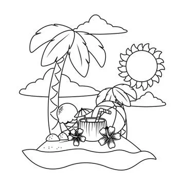 Summer and beach cartoons elements in black and white Stock Illustration