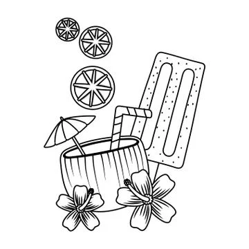 Summer and beach cartoons elements in black and white イラスト素材