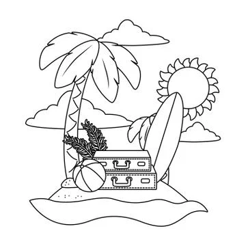 Summer and beach cartoons elements in black and white Stock Illustration