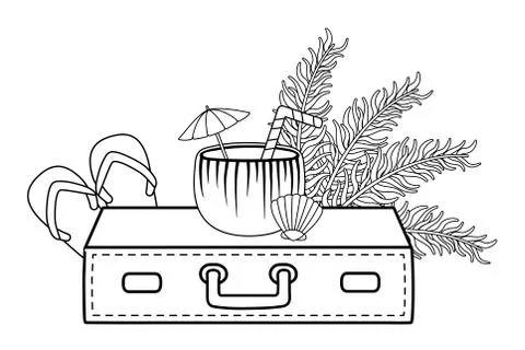 Summer and beach cartoons elements in black and white Stock Illustration