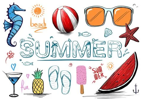 Summer and beach icons vector set with hand drawn foods, drinks and objects. Stock Illustration