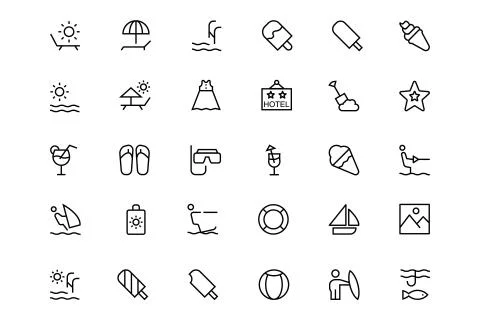 Summer and Beach Line Vector Icons Stock Illustration