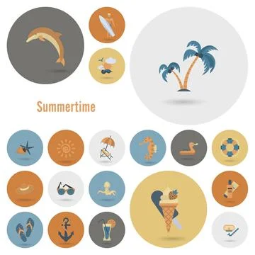 Summer and Beach Simple Flat Icons Summer and Beach Simple Flat Icons, Tra... Stock Photos