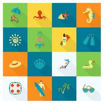 Summer and Beach Simple Flat Icons Summer and Beach Simple Flat Icons, Tra... Stock Photos