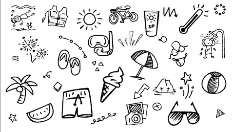 Summer and Beach Vacation Doodle Line Art Motion Graphic Stock Footage 344530323