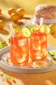Summer and cold bubble tea as drink with balls. Stock Photos