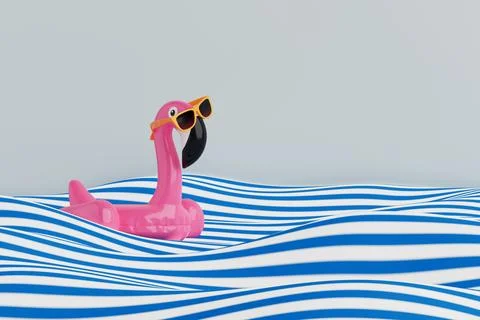 Summer And Fun Concept. Inflatable Pink Flamingo With Sunglasses Floating O.. Stock Illustration