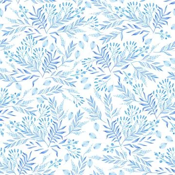 Summer and spring seamless pattern with blue branches and leaves Stock Illustration