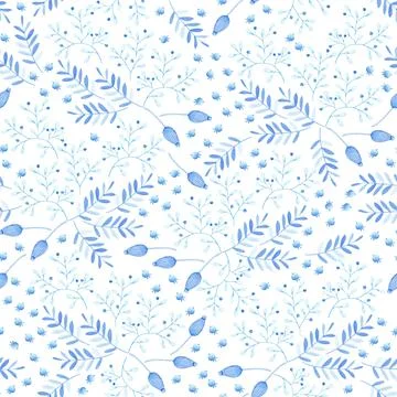 Summer and spring seamless pattern with blue branches, leaves and wildflowers Stock Illustration