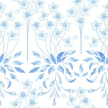 Summer and spring seamless pattern with blue branches, leaves and cherry flowers Stock Illustration