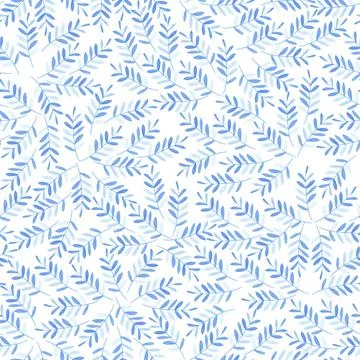 Summer and spring seamless pattern with blue branches, leaves and wildflowers Stock Illustration