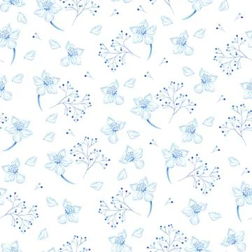 Summer and spring seamless pattern with blue branches, leaves and cherry flowers Ilustración de archivo