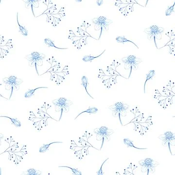 Summer and spring seamless pattern with blue branches, leaves and cherry flowers Stock Illustration