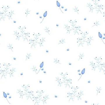 Summer and spring seamless pattern with blue branches, leaves and wildflowers Illustrazione stock