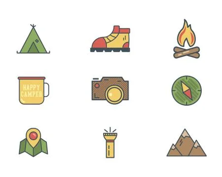Summer and winter mountain explorer camp icons in flat style. Travel, hiking 스톡 일러스트