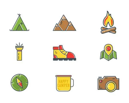 Summer and winter mountain explorer camp icons in flat style. Travel, hiking 스톡 일러스트