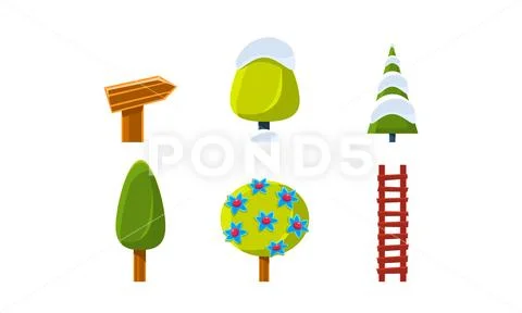 Summer and winter nature landscape elements set, assets for GUI or web design Stock Illustration