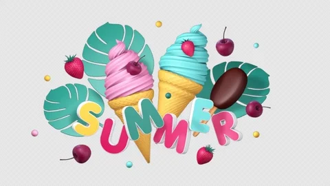 Summer animation 3D with ice cream and tropical leaves Stock Footage 278149543