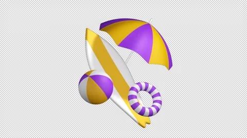 Summer animation 3D with surfboard and umbrella on a transparent alpha channel Stock Footage 280311740